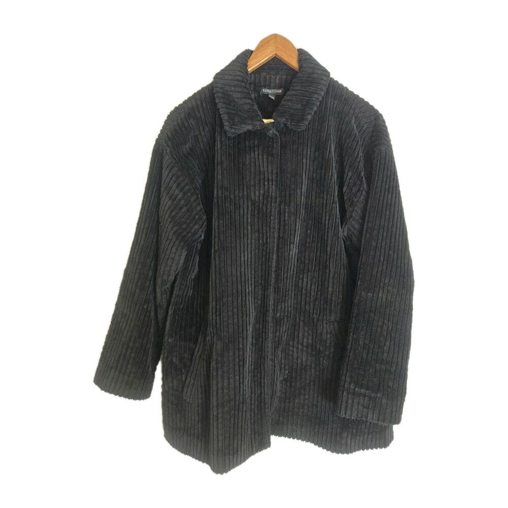 Eileen Fisher Jacket Petite Large Corduroy Black Organic Cotton Snap Front